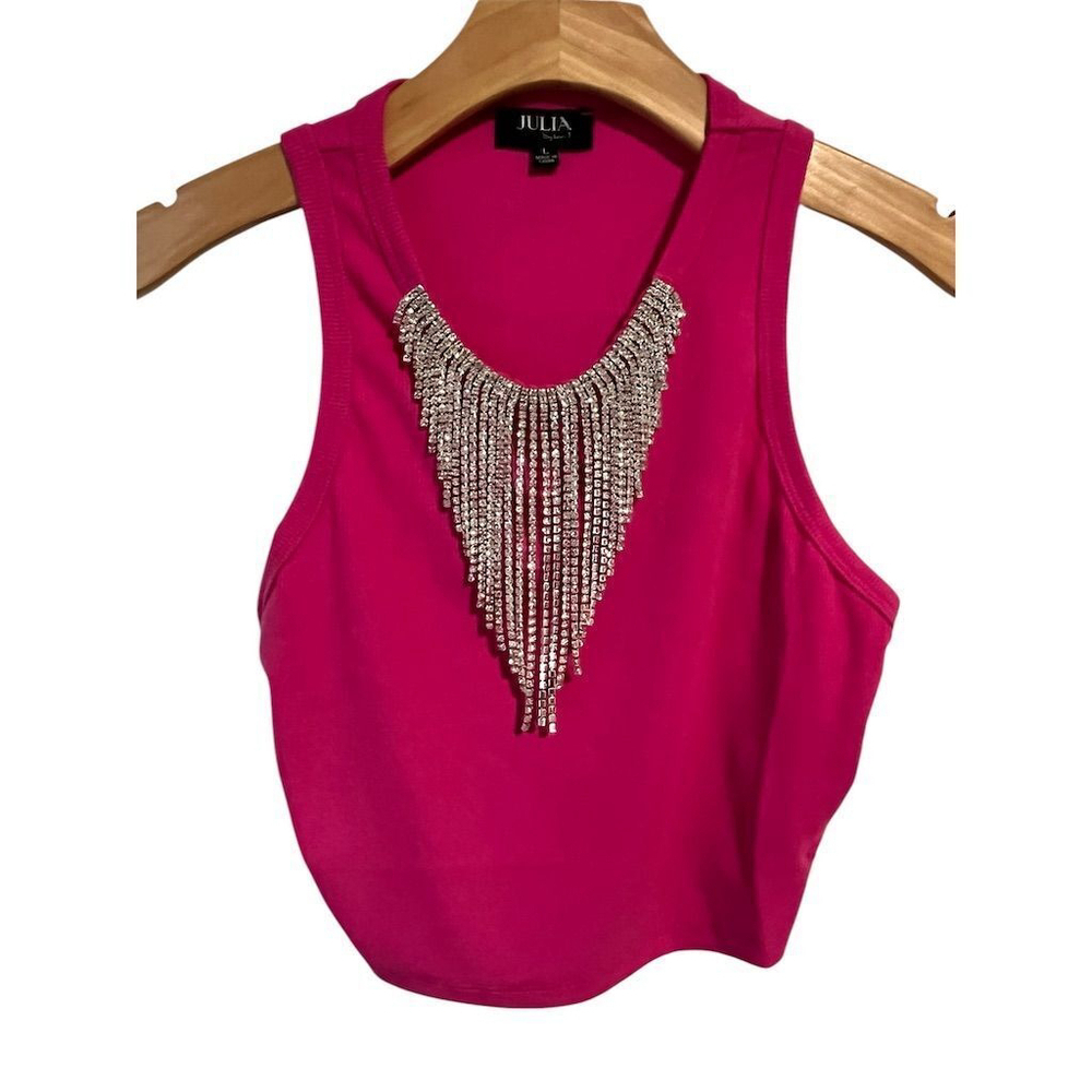 Julia By Love J Pink Rhinestone Fringe Tank Top Blouse Large